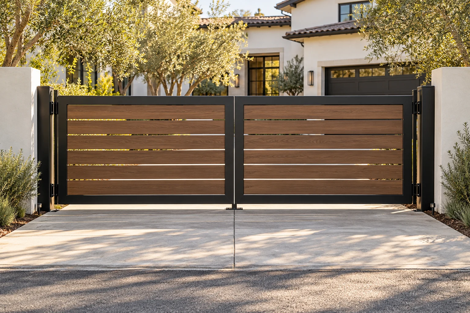Design concept of double swing steel driveway gates with brown composite board infill