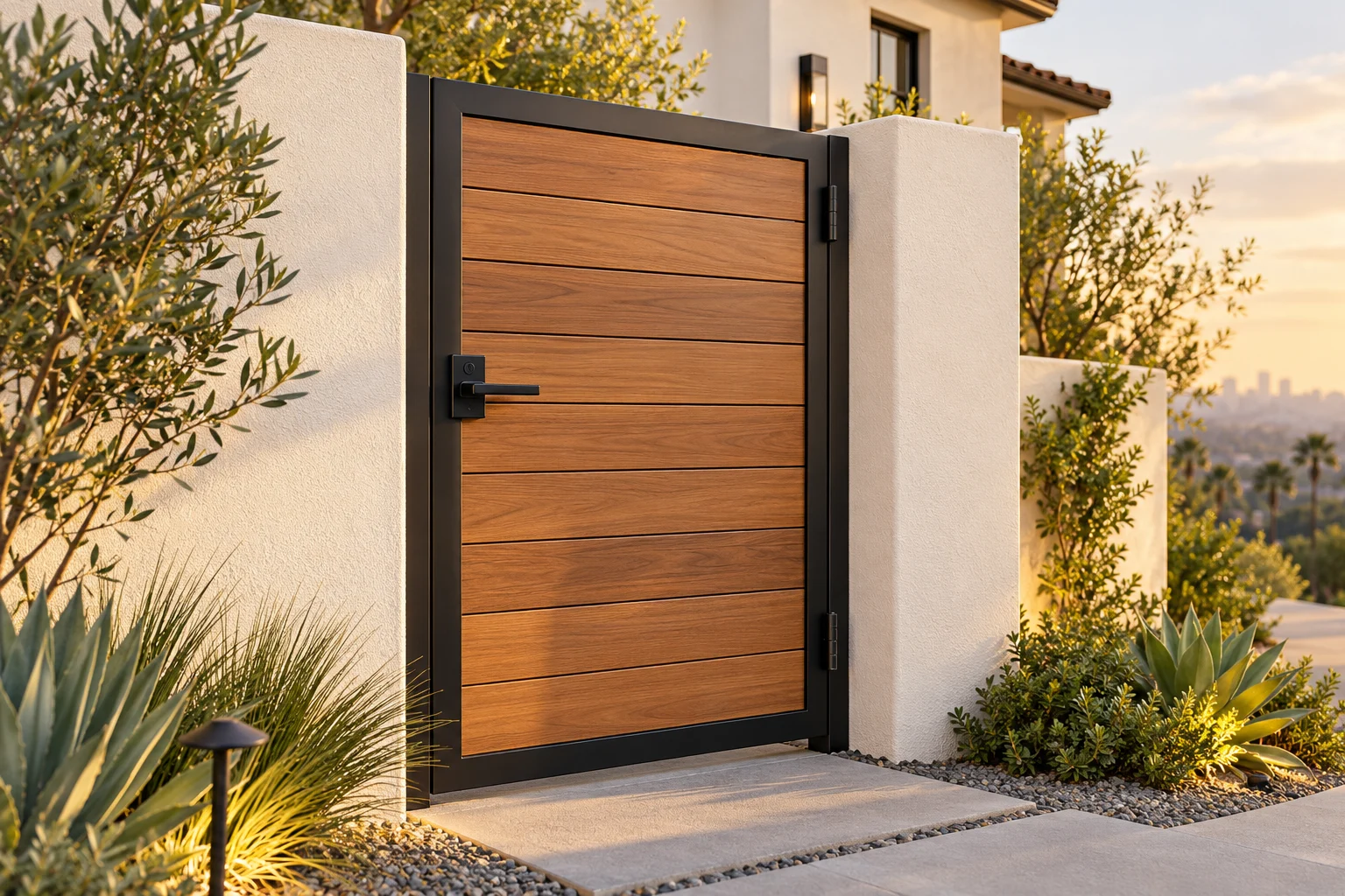 Design concept of a powder-coated steel pedestrian gate with horizontal natural wood infill